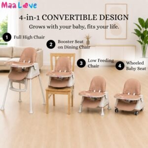 4-in-1 Baby High Chair for 0-5 Years, Adjustable Height Feeding Chair with Detachable Tray, One-Hand Fold, Multifunctional High Chair (Brown)